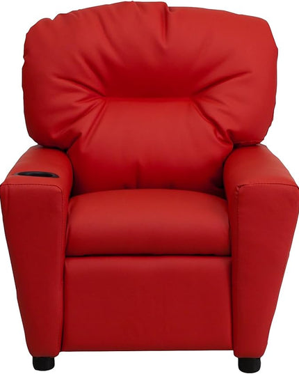 Flash Furniture Chandler Vinyl Kids Recliner with Cup Holder and Safety Recline, Contemporary Reclining Chair for Kids, Supports up to 90 lbs., Red - LeafyLoom