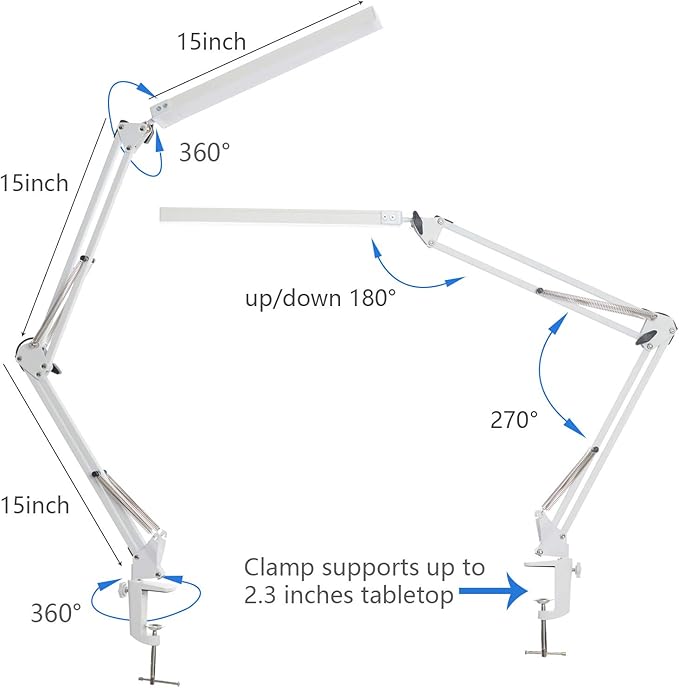 LED Desk Lamp, Architect Task Lamp, Metal Swing Arm Dimmable Drafting Table Lamp with Clamp (3 Color Modes, 10-Level Dimmer, Memory Function) Highly Adjustable Office, Craft, Workbench Light - LeafyLoom