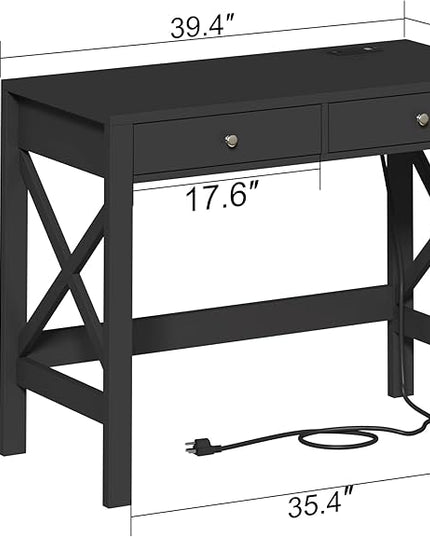 ChooChoo Computer Desk with USB Charging Ports and Power Outlets, 39" Black Desk with Drawers, Small Study Writing Table with Stable X Frame for Home Office - LeafyLoom