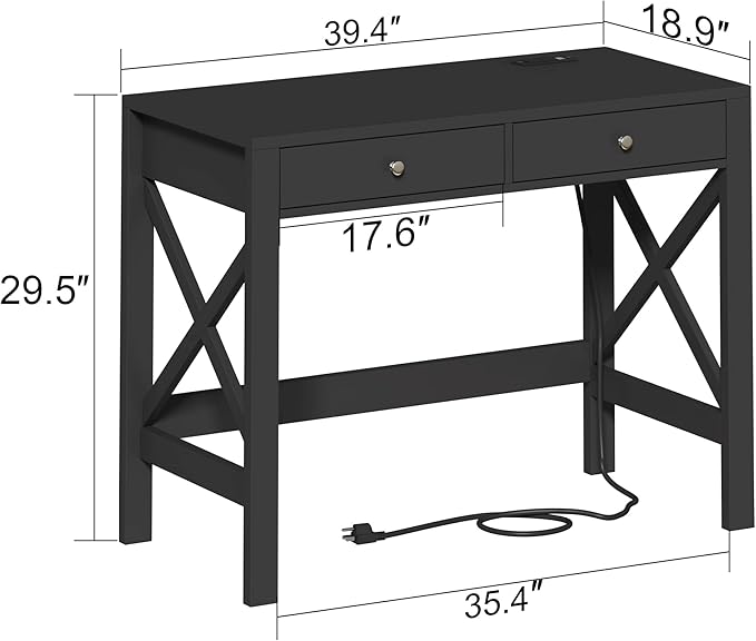 ChooChoo Computer Desk with USB Charging Ports and Power Outlets, 39" Black Desk with Drawers, Small Study Writing Table with Stable X Frame for Home Office - LeafyLoom