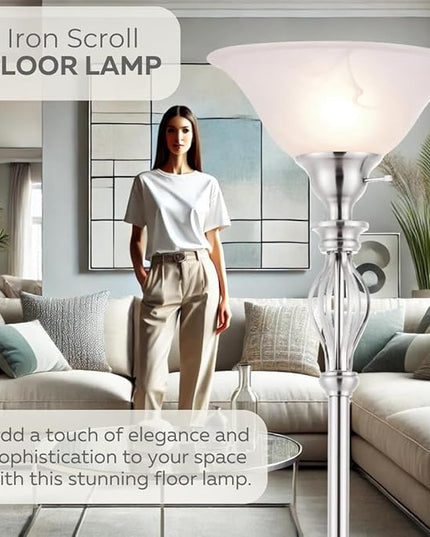 LIGHTACCENTS Silver Floor Lamp for Living Room with White Alabaster Glass Shade - Stand Up Torchiere Lamp - Durable Iron Scrollwork - Brushed Nickel Pole Lamp - Elegant Floor Lamp for Bedrooms - LeafyLoom