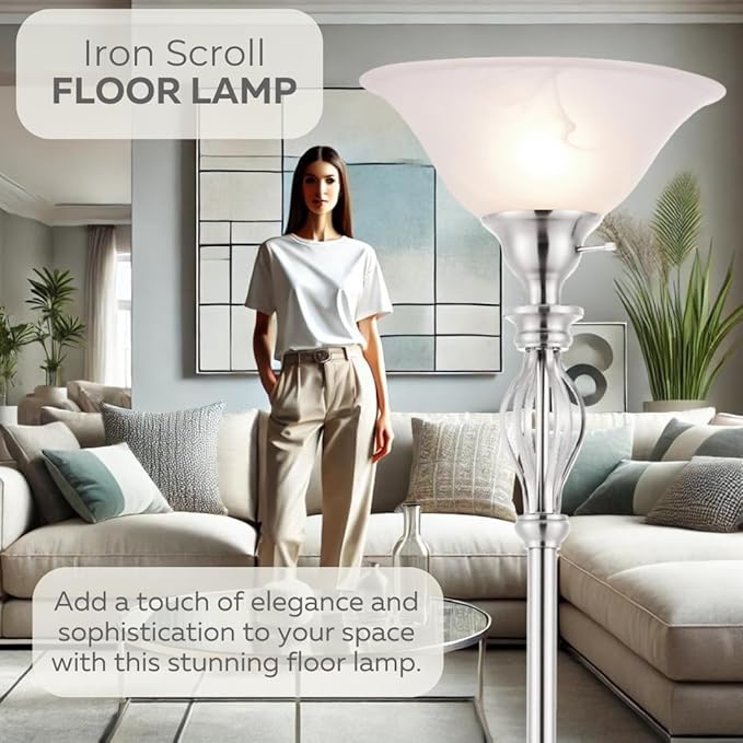 LIGHTACCENTS Silver Floor Lamp for Living Room with White Alabaster Glass Shade - Stand Up Torchiere Lamp - Durable Iron Scrollwork - Brushed Nickel Pole Lamp - Elegant Floor Lamp for Bedrooms - LeafyLoom