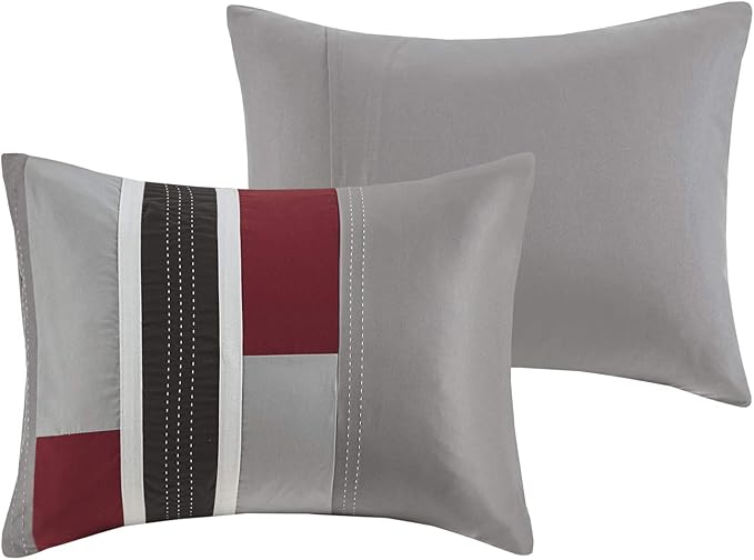 Mi Zone Cozy Comforter Set Geometric Stripes Vibrant Color Design All Season Bedding Matching Shams, Decorative Pillow, Twin/Twin XL, Red/Grey, 3 Piece - LeafyLoom