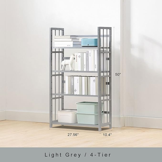 IOTXY Adjustable Bamboo Open Bookshelf - Medium 4-Tier Free Standing Storage Rack, Multifunctional Display Stand for Home and Office, Bookcase, Light Grey - LeafyLoom