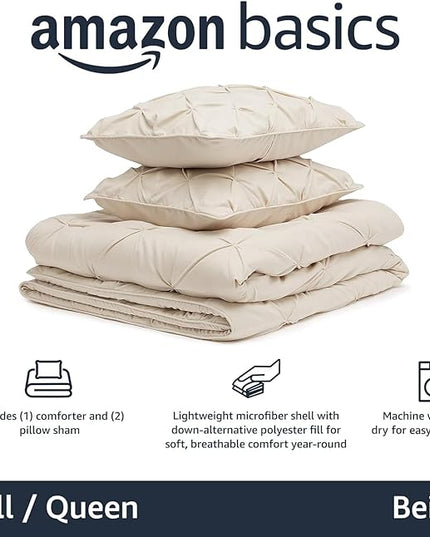Amazon Basics All-Season Down-Alternative Comforter 3-Piece Bedding Set, Pinch Pleat, Full/Queen, Pinch-Pleat With Piped Edges, Beige - LeafyLoom