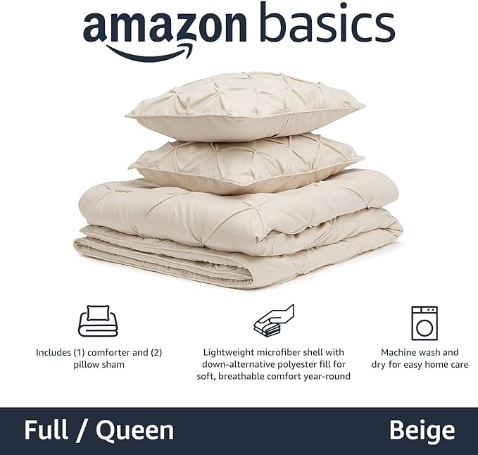 Amazon Basics All-Season Down-Alternative Comforter 3-Piece Bedding Set, Pinch Pleat, Full/Queen, Pinch-Pleat With Piped Edges, Beige - LeafyLoom
