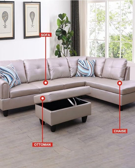 3-Piece L-Shaped Sectional Couches Lounge & Storage, 97.5'' Linen Modular Living Room Home Office, 3pcs 97'' Sofa+66.5'' Chaise+28.5'' Ottoman(Right), Latte Faux Leather - LeafyLoom