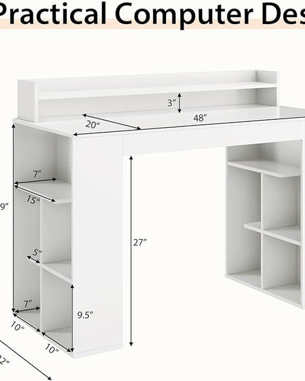 Computer Desk with Bookshelf, 48” Home Office Desk with 2 Open Shelves of 10 Cubbies, Monitor Shelf, Writing Desk Computer Workstation for Home, Office, Bedroom - LeafyLoom