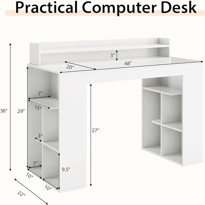 Computer Desk with Bookshelf, 48” Home Office Desk with 2 Open Shelves of 10 Cubbies, Monitor Shelf, Writing Desk Computer Workstation for Home, Office, Bedroom - LeafyLoom