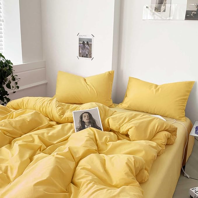 ETDIFFE Yellow Comforter Set Queen Size, 3 Piece Aesthetic Modern Bedding Set - Soft & Lightweight All Season Microfiber Down Alternative Bed Comforter with 2 Pillow Shams for Preppy Dorm - LeafyLoom