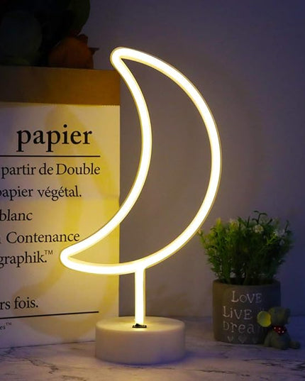 LED Moon Neon Signs, Crescent Night Lights USB Battery Operated Moon Lamp for Birthday Party, Wedding, Halloween, Christmas Decorations-Moon with Holder Base(Warm White) - LeafyLoom