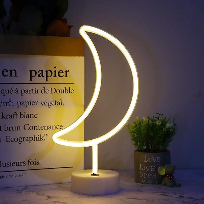 LED Moon Neon Signs, Crescent Night Lights USB Battery Operated Moon Lamp for Birthday Party, Wedding, Halloween, Christmas Decorations-Moon with Holder Base(Warm White) - LeafyLoom
