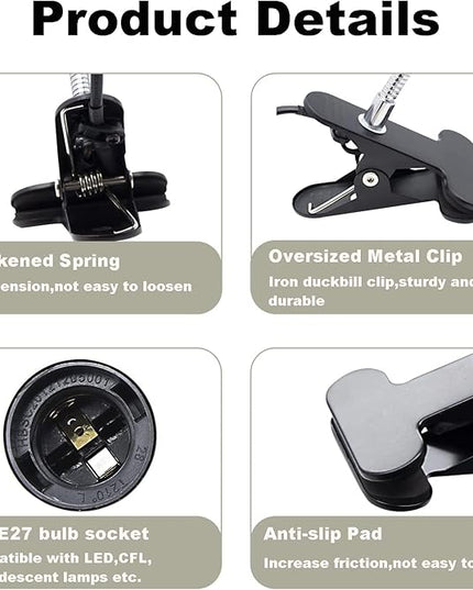 Clip Desk Lamp Socket 2 Pack Flexible Gooseneck Lamp Stand Clip-On with Switch Plugs Clip on Light with Flexible Neck Portable Clip on Light Metal Clip Holder Desk Study Clamp Lamp - LeafyLoom