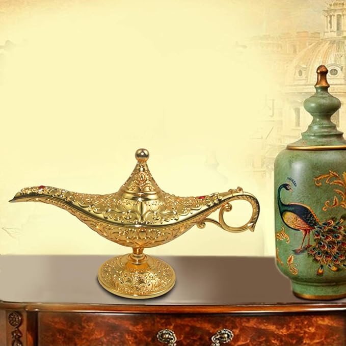 Vintage Legend Aladdin Lamp Magic Genie Wishing Light,Collectable Rare Classic Arabian Costume Props Lamp Tabletop Decor Crafts for Home/Wedding Decoration (Gold) - LeafyLoom
