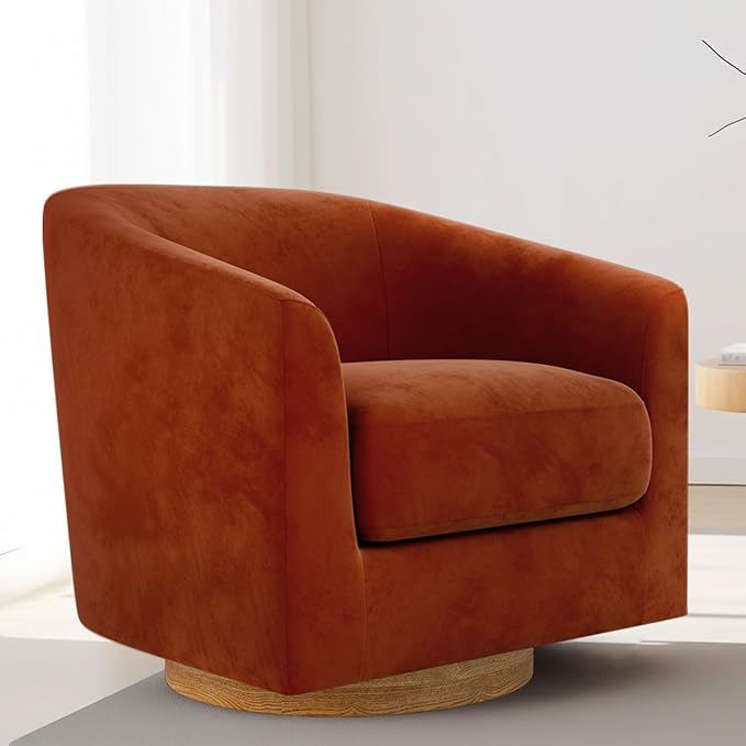 MUUEGM Accent Chair with Arms, 360 Degree Swivel Accent Chair with Wood Base, Modern Barrel Chair for Living Room, Bedroom, Waiting Room, Fully Assembled,Performance Fabric in Mature Brown - LeafyLoom