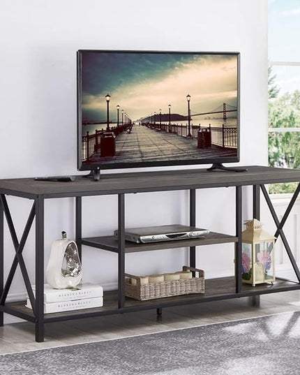 55 inch TV Stand for TV up to 65 inch, Rustic Wood and Metal Media TV Console Table for Living Room, Grey - LeafyLoom