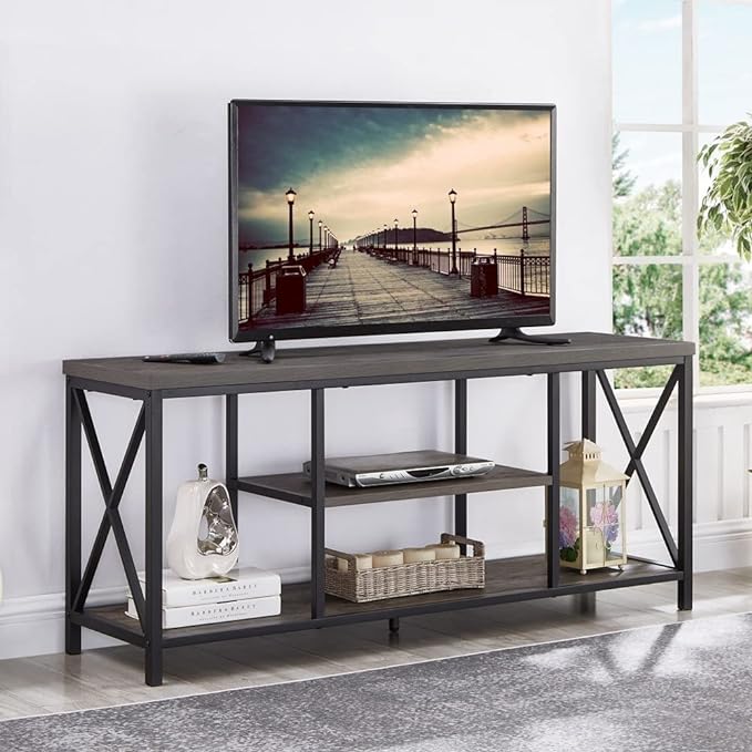 55 inch TV Stand for TV up to 65 inch, Rustic Wood and Metal Media TV Console Table for Living Room, Grey - LeafyLoom