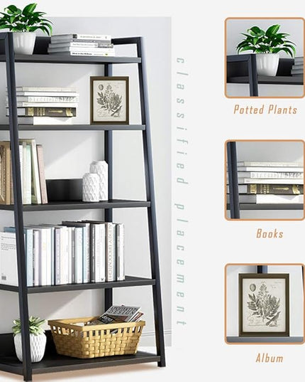 IOTXY 5 Tier Open Bookshelf - Steel and Wood Display Stand, 50CM Width Floor-Standing Bookcase, Black - LeafyLoom