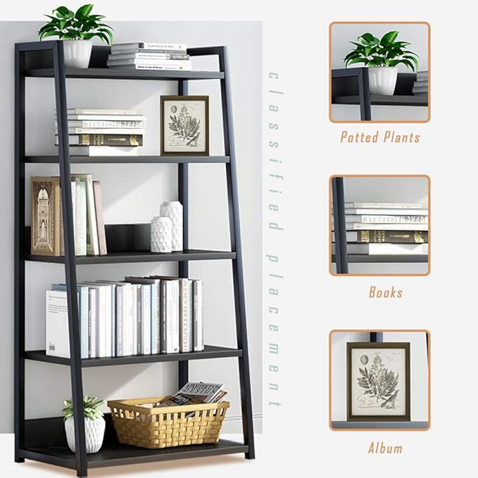 IOTXY 5 Tier Open Bookshelf - Steel and Wood Display Stand, 50CM Width Floor-Standing Bookcase, Black - LeafyLoom