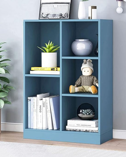 IOTXY Open Shelf Low Bookcase - Wooden 3-Tier Floor Standing Display Cabinet Organizer with Base, 5 Cubes Short Horizontal Bookshelf in Bright Blue - LeafyLoom