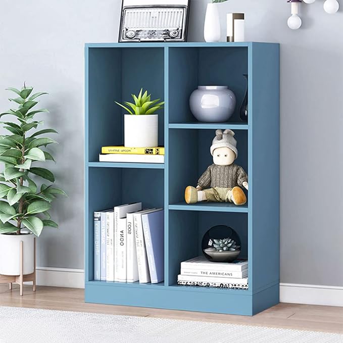 IOTXY Open Shelf Low Bookcase - Wooden 3-Tier Floor Standing Display Cabinet Organizer with Base, 5 Cubes Short Horizontal Bookshelf in Bright Blue - LeafyLoom