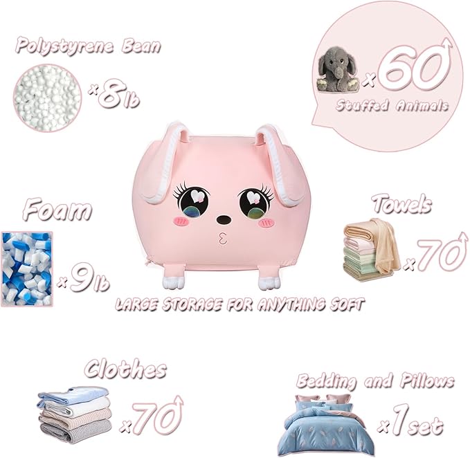 Big Ear Rabbit Toy Organizers and Storage, Cute Bean Bag Chair Pink for Girls Room Decorations, Large Size 22x24 Inch Velvet Extra Soft, Cover ONLY - LeafyLoom