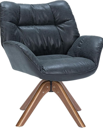 Faux Leather Accent Chair, Modern Cozy Vanity Chair with Wood Legs, Upholstered Single PU Leather Boucle Armchair for Living Room Bedroom Office Guest Room (Black) - LeafyLoom