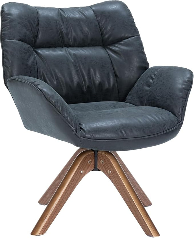 Faux Leather Accent Chair, Modern Cozy Vanity Chair with Wood Legs, Upholstered Single PU Leather Boucle Armchair for Living Room Bedroom Office Guest Room (Black) - LeafyLoom