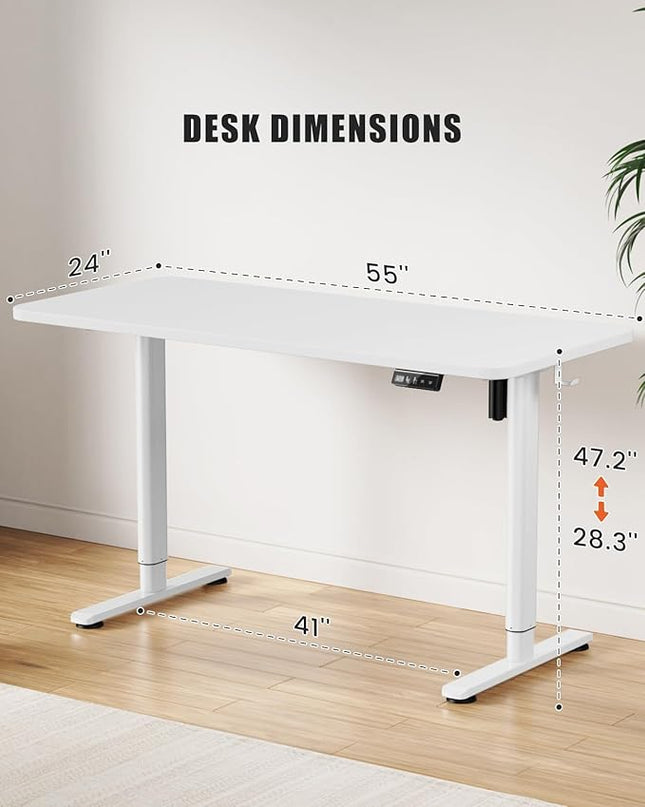 Electric Standing Desk Adjustable Height Stand Up Desk, 55" x 24" Sit Stand Desk, Low Noise Home Office Desk, Computer Desk with Splice Board, Child Lock & Memory Function, White - LeafyLoom