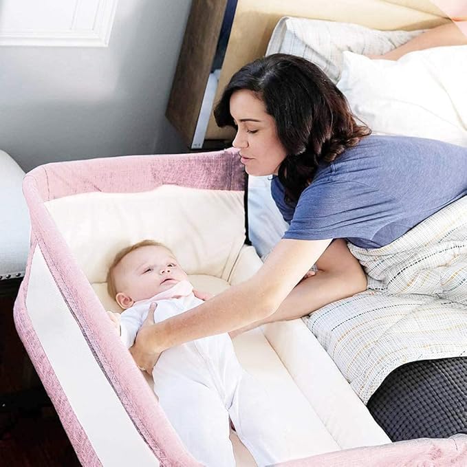 3 in 1 Travel Baby Crib,Baby Bed with Breathable Net,Adjustable Portable Bed for Infant/Baby with Detachable Mosquito net and Mattress,Pink - LeafyLoom