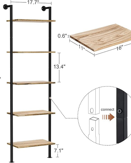 5-Tier Bookshelf Solid Wood Ladder Shelf, Narrow Book shelf Display Shelf, Wooden Ladder Shelf Bookcase, Wall Mount Ladder Shelf, Storage Rack for Living Room, Bedroom, Industrial Style, Rustic Brown - LeafyLoom