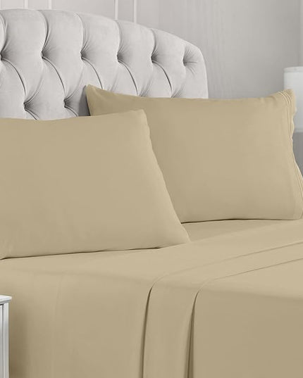 Mellanni Full Sheets Set - 4 PC Iconic Collection Bedding Sheets & Pillowcases - Hotel Luxury, Extra Soft, Cooling Bed Sheets - Deep Pocket up to 16 inch (Full, Beige) - LeafyLoom