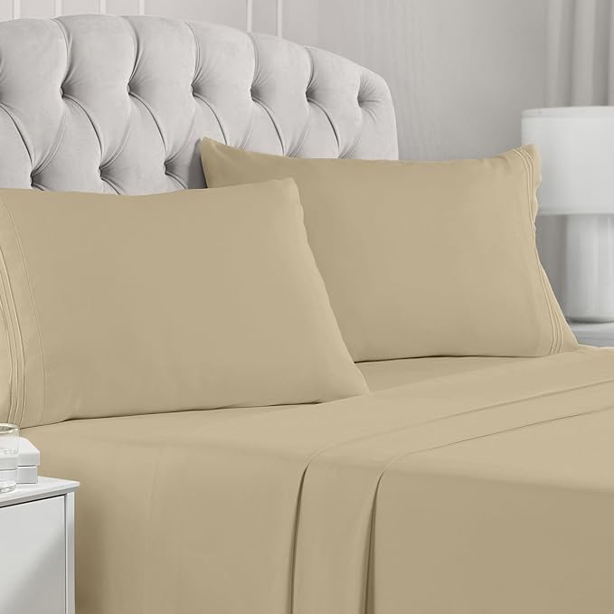 Mellanni Full Sheets Set - 4 PC Iconic Collection Bedding Sheets & Pillowcases - Hotel Luxury, Extra Soft, Cooling Bed Sheets - Deep Pocket up to 16 inch (Full, Beige) - LeafyLoom