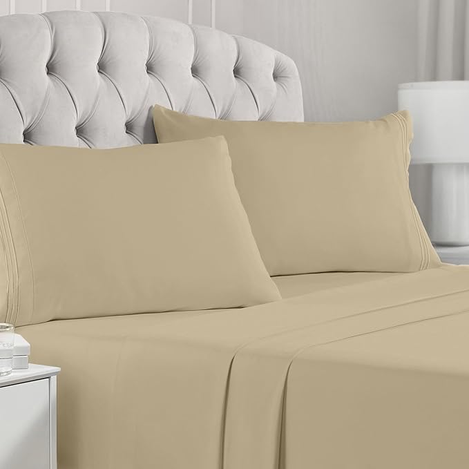 Mellanni California King Sheets Set - 4 PC Iconic Collection Bedding Sheets & Pillowcases - Hotel Luxury, Extra Soft, Cooling Bed Sheets - Deep Pocket up to 16 inch (Cal King, Beige) - LeafyLoom
