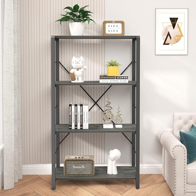Bookshelf and Bookcase, Rustic Wood and Metal Book Shelves, Vintage 4-tier Shelving Unit for Living Room Bedroom, Grey - LeafyLoom