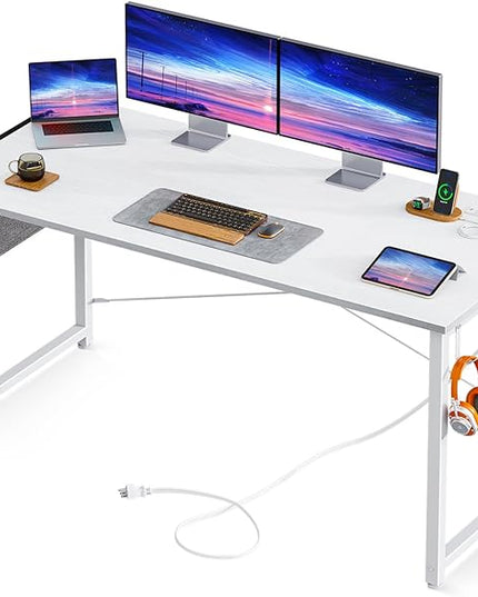 AODK 55 inch Small Computer Desk with Power Outlet for Small Spaces Home Office Student Laptop PC Writing Desks with Storage Bag Headphone Hook, White - LeafyLoom