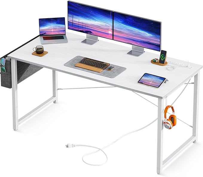 AODK 55 inch Small Computer Desk with Power Outlet for Small Spaces Home Office Student Laptop PC Writing Desks with Storage Bag Headphone Hook, White - LeafyLoom