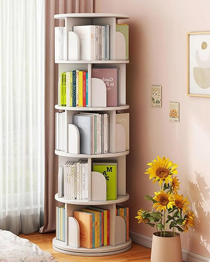 5 Tier Rotating Bookshelf 360° Revolving Bookcase Modern Tall Book Shelf Storage Display Rack Floor Standing Shelves with Baffle for Home Living Room Study Office White 63''X18''X18'' - LeafyLoom
