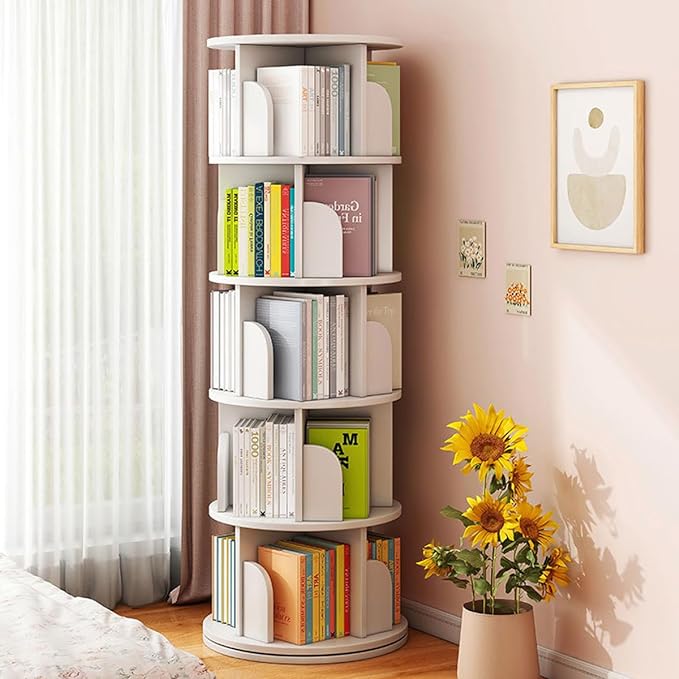 5 Tier Rotating Bookshelf 360° Revolving Bookcase Modern Tall Book Shelf Storage Display Rack Floor Standing Shelves with Baffle for Home Living Room Study Office White 63''X18''X18'' - LeafyLoom