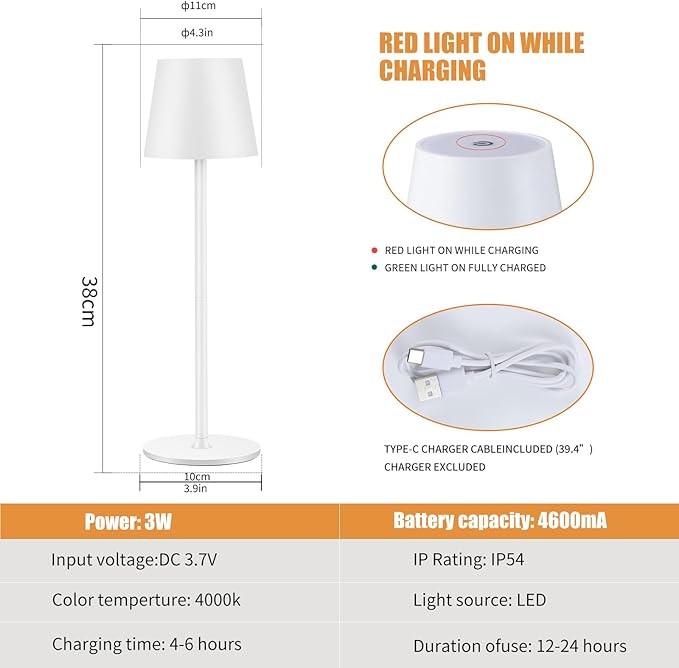 Cordless Table Lamps USB Rechargeable Simplicity Desk Lamp Built-in 4600 mAh Battery LED Battery Operated lamp with Touch Control Table lamp - Bedroom/Desk/Reading/Patio(White) - LeafyLoom