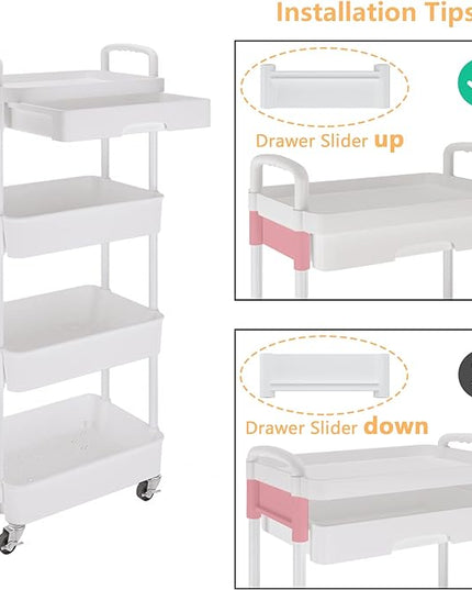 4-Tier Rolling Cart，Trolley with Drawer, Kitchen Storage Organizer with Plastic Shelf & Metal Wheels, Storage Cart for Living Room, Kitchen, Office, Bathroom, White - LeafyLoom