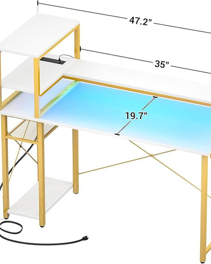 47" Gaming Desk with Storage, Computer Desk with LED Lights, Home Office Desk with Adjustable Shelves & Power Outlets, Gaming Computer Desk with Long Monitor Stand for Small Spaces, White Gold - LeafyLoom