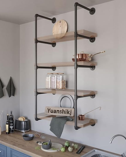 Yuanshikj 2Pc (56" Tall 12" deep,3/4") Industrial Wall Mount Iron Pipe Shelf Shelves Shelving Bracket Vintage Retro Black DIY Bookshelf Storage Office Room Kitchen (5Tier Hardware Only) - LeafyLoom