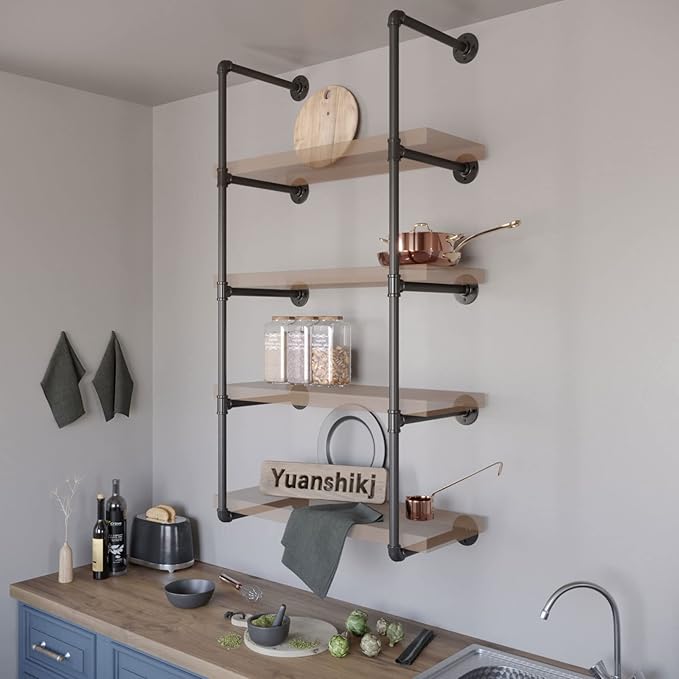 Yuanshikj 2Pc (56" Tall 12" deep,3/4") Industrial Wall Mount Iron Pipe Shelf Shelves Shelving Bracket Vintage Retro Black DIY Bookshelf Storage Office Room Kitchen (5Tier Hardware Only) - LeafyLoom