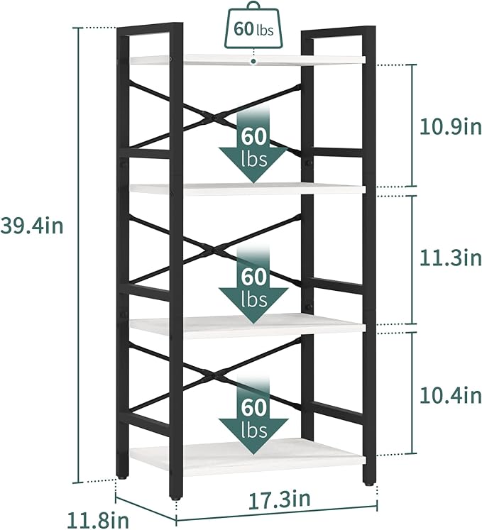 Yoobure 4 Tier Bookshelf - Small Book Shelf Industrial Bookcase, Narrow Book Case Book Storage Organizer for CD/Movie/Book, Bookshelves for Bedroom Office Living Room White - LeafyLoom