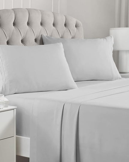 Mellanni King Sheets Set - 4 PC Iconic Collection Bedding Sheets & Pillowcases - Hotel Luxury, Extra Soft, Cooling Bed Sheets - Deep Pocket up to 16 inch (King, Light Gray) - LeafyLoom