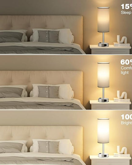 Grey Nightstand Table Lamp for Bedroom - 3 Way Dimmable Bedside Lamp USB C A Charging Ports and AC Outlet, Small Table Lamp Silver Base for Living Room, Office Desk, LED Bulb Included - LeafyLoom