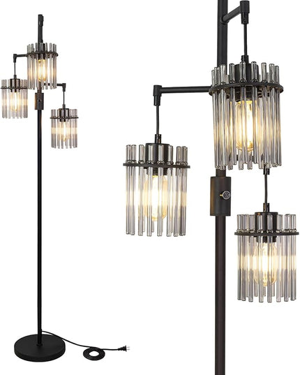 Industrial Modern Floor Lamps for Living Room, Dimmable Glass Tree Standing Tall Lamps with 3 Elegant Teardrop Cage Head & 800 Lumens LED Bulbs for Bedroom Office (66inch tall) - LeafyLoom
