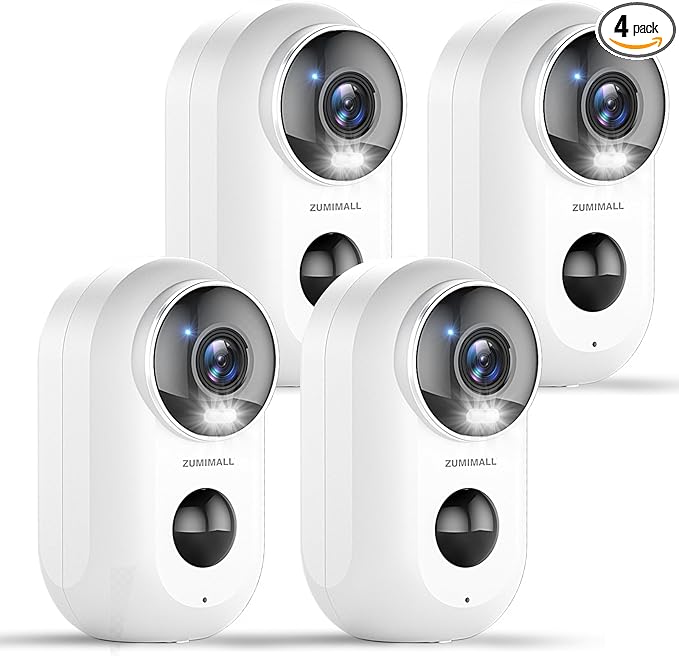 ZUMIMALL Security Cameras Wireless Outdoor, 4 Packs, 2K Cameras for Home Security, Outdoor/Indoor Camera Battery Powered, 2.4G WiFi, Magnetic Mount,3MP Color Night Vision/Siren/PIR/AI/Cloud/Alexa ZUMIMALL