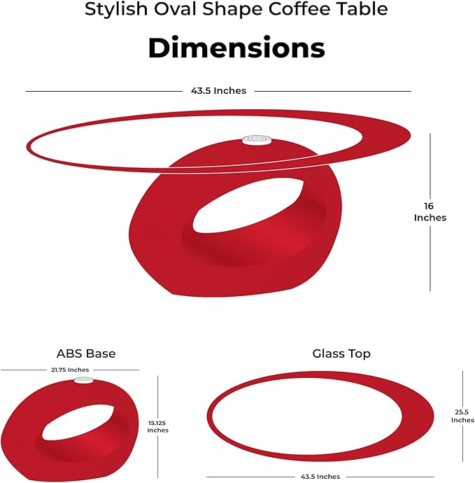 Fab Glass and Mirror CTR-FAB30000 Oval Glass Coffee Table, 43.5 in x 25.5 in x 16 in, Red - LeafyLoom